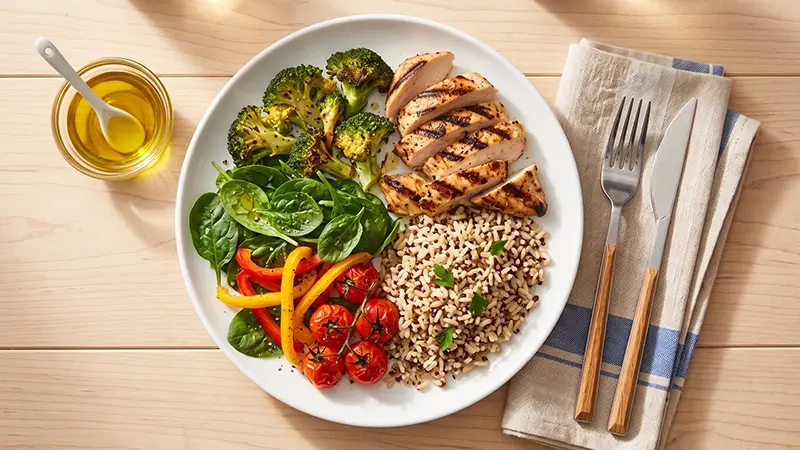 Balanced meal plate for diabetic patients showing half vegetables, one quarter lean protein, and one quarter whole grains following the ADA plate method