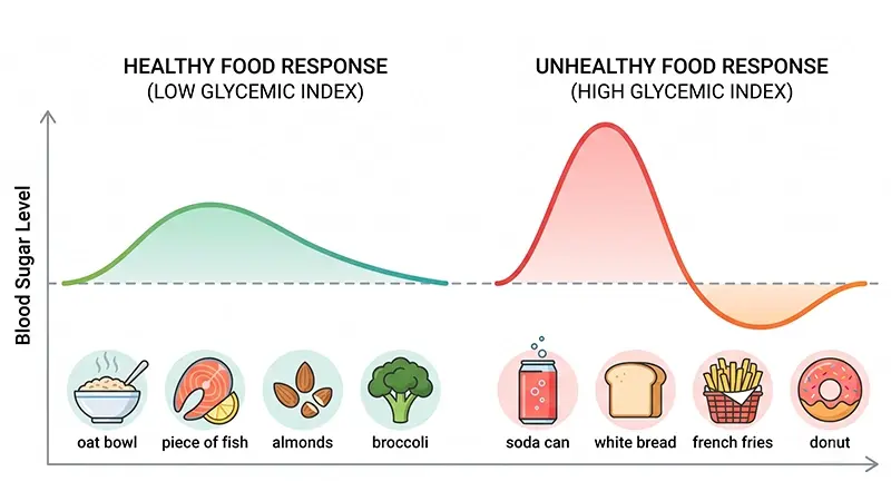 Best foods for blood sugar control including vegetables, lean proteins, whole grains, nuts, and healthy fats arranged on a table