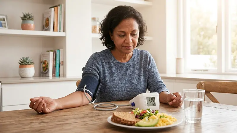 Middle-aged woman monitoring blood pressure at home as part of diabetic kidney disease management