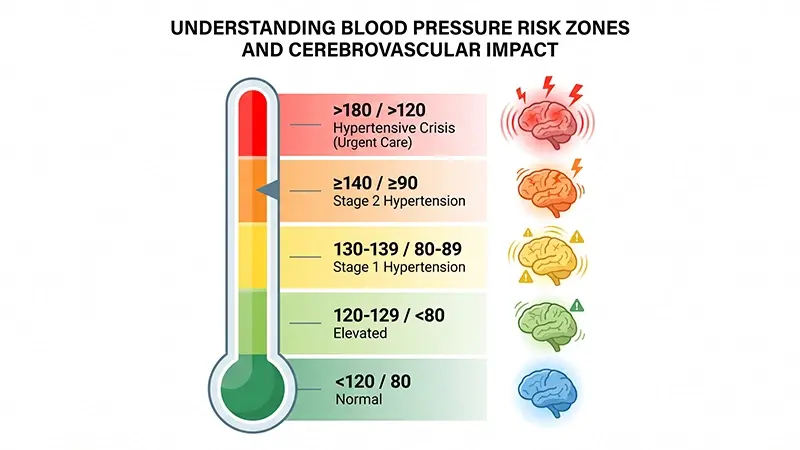 Illustration showing stroke risk reduction strategies including blood pressure monitoring, healthy diet, regular exercise, and medication management for hypertensive patients