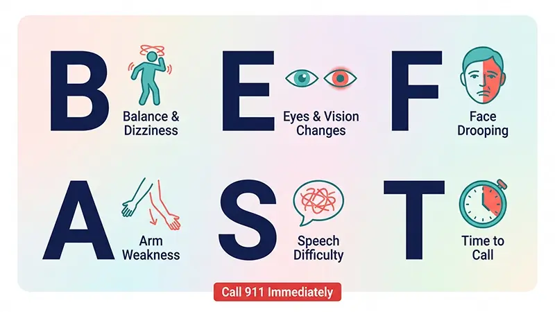 BE-FAST stroke warning signs infographic showing Balance loss, Eye problems, Face drooping, Arm weakness, Speech difficulty, and Time to call 911 for emergency response