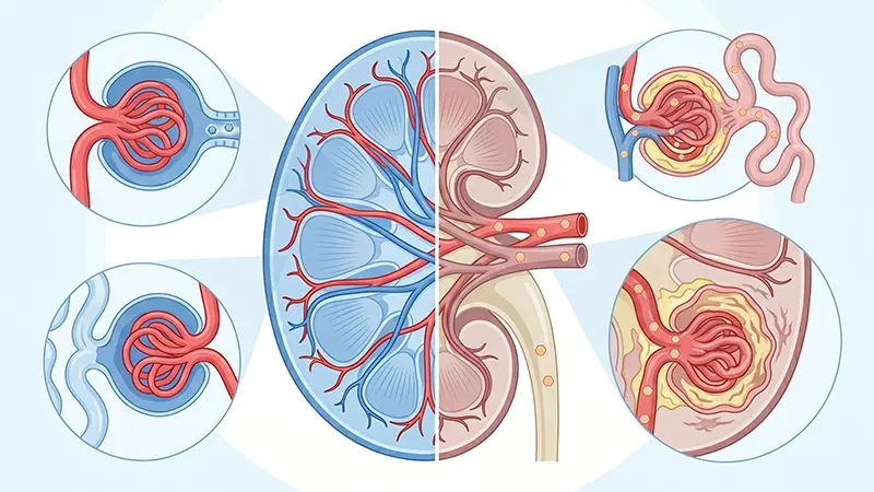 Medical illustration showing how high blood sugar damages kidney glomeruli in diabetic nephropathy